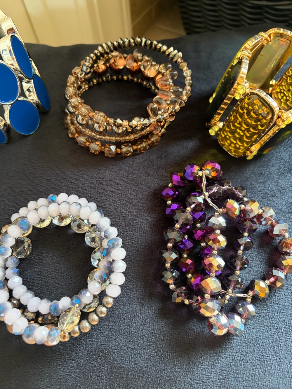 Multicolor Beaded Stretch Bracelet Set - Purple, White, Gold (5)